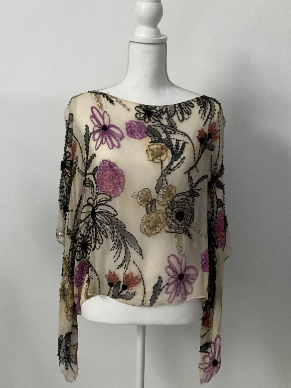 St. John Beaded Silk Sheer Cape Poncho Top Luxury Designer One Size